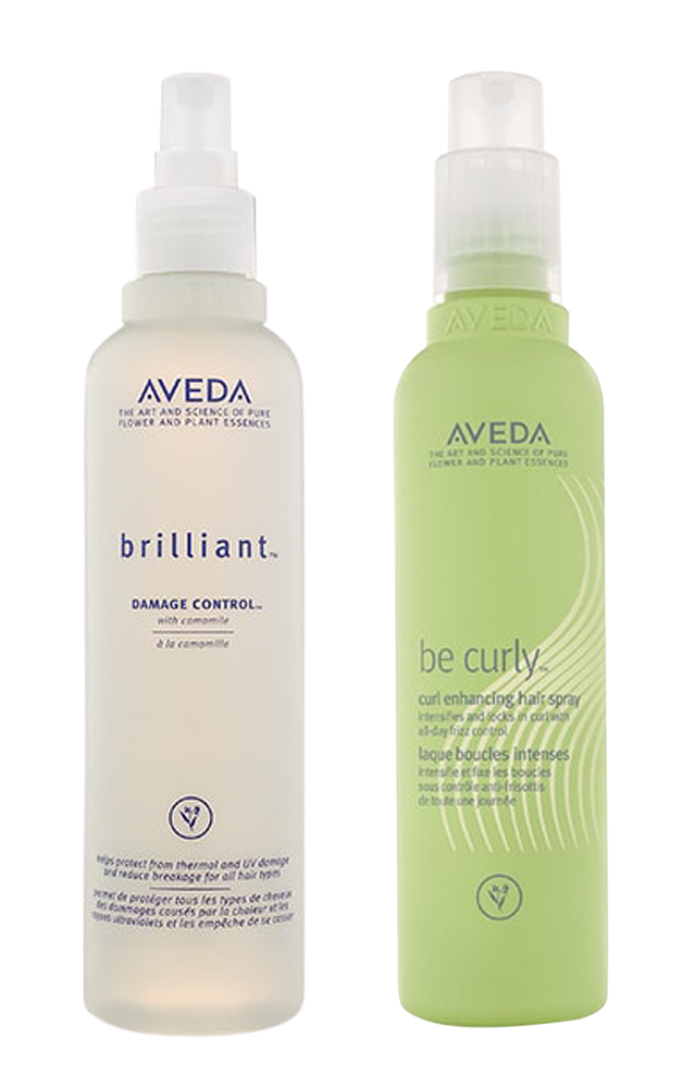 Aveda Brilliant Damage Control spray bottle and Aveda Be Curly Curl Enhancing Spray bottle