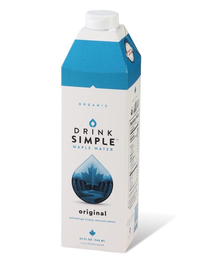 Drink Simple Maple Water blue and white carton 