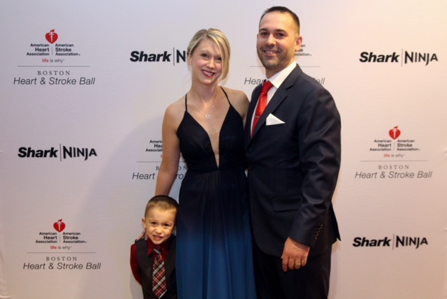Woman in gown, husband, and son at American Heart Association Boston Heart &amp; Stroke Ball in Boston