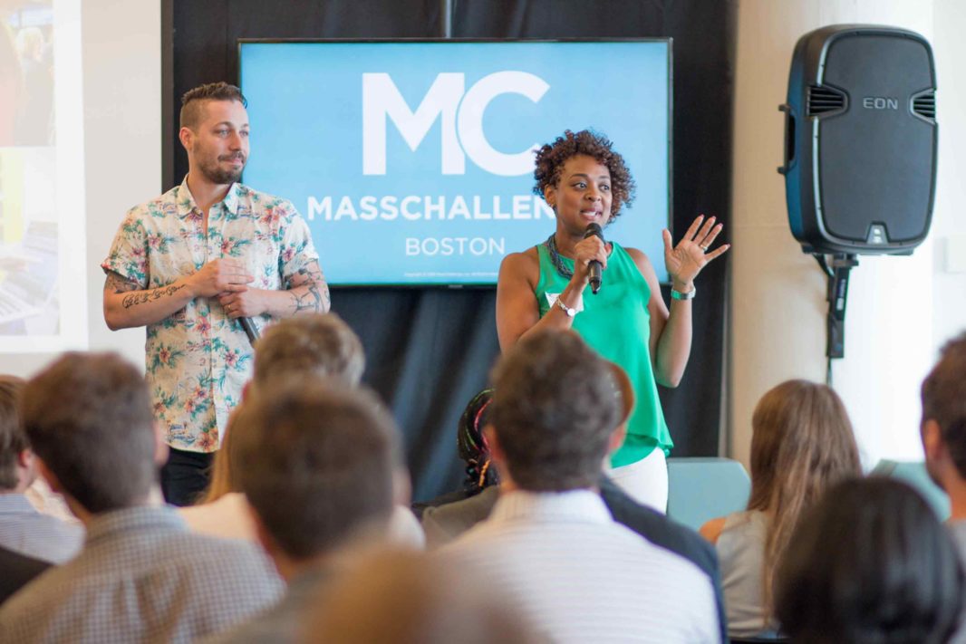 Kimba Williams, founder of start-up Kushae by BK Naturals and a MassChallenge 2018 finalist, speaking alongside mentorship manager Artur Sousa