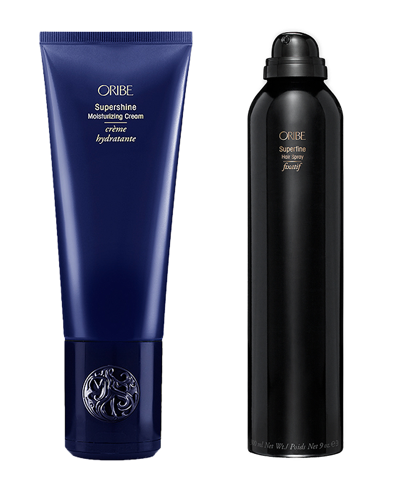 Oribe Supershine Moisturizing Cream tube and Oribe Superfine Hair Spray can