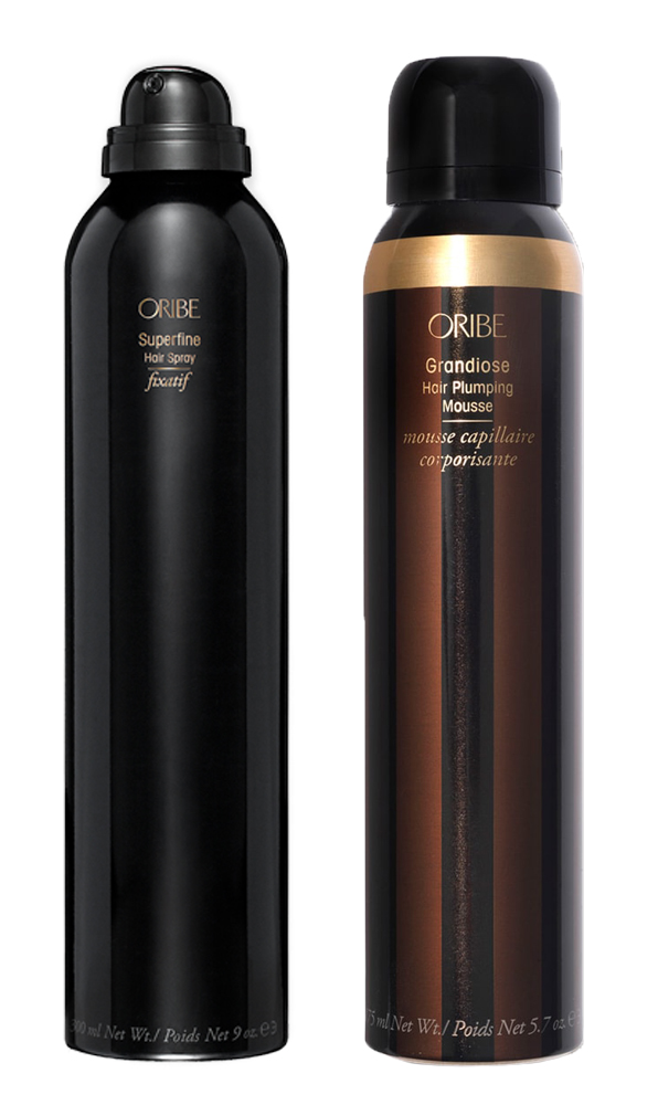 Oribe Grandiose Hair Plumping Mousse and Oribe Superfine Hair Spray can