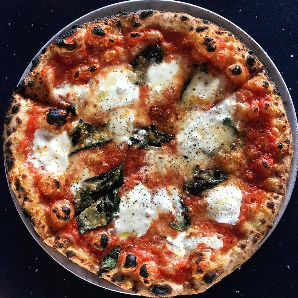 tight photo of a whole pizza with fresh mozzarella, basil, and crispy crust on a round metal tray at Tapestry 