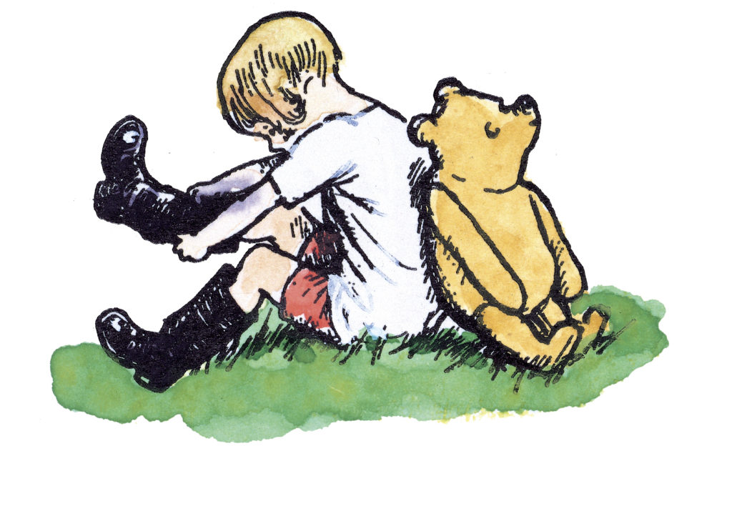 Painting of Winnie-the-Pooh and Christopher Robin sitting back to back from the Museum of Fine Arts exhibit