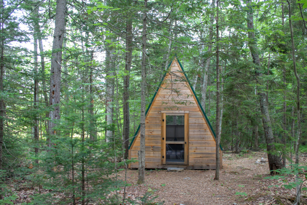 Brown wood A-frame cabin in the trees at Tops’l Farm 