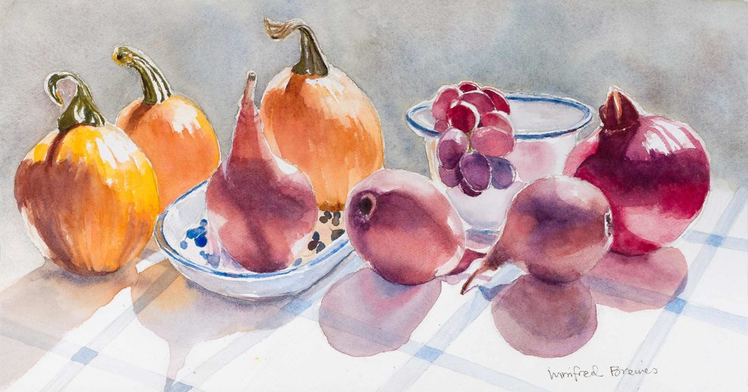 Winifred Breines' painting “Pumpkins, Pears, Pomegranates, Grapes”